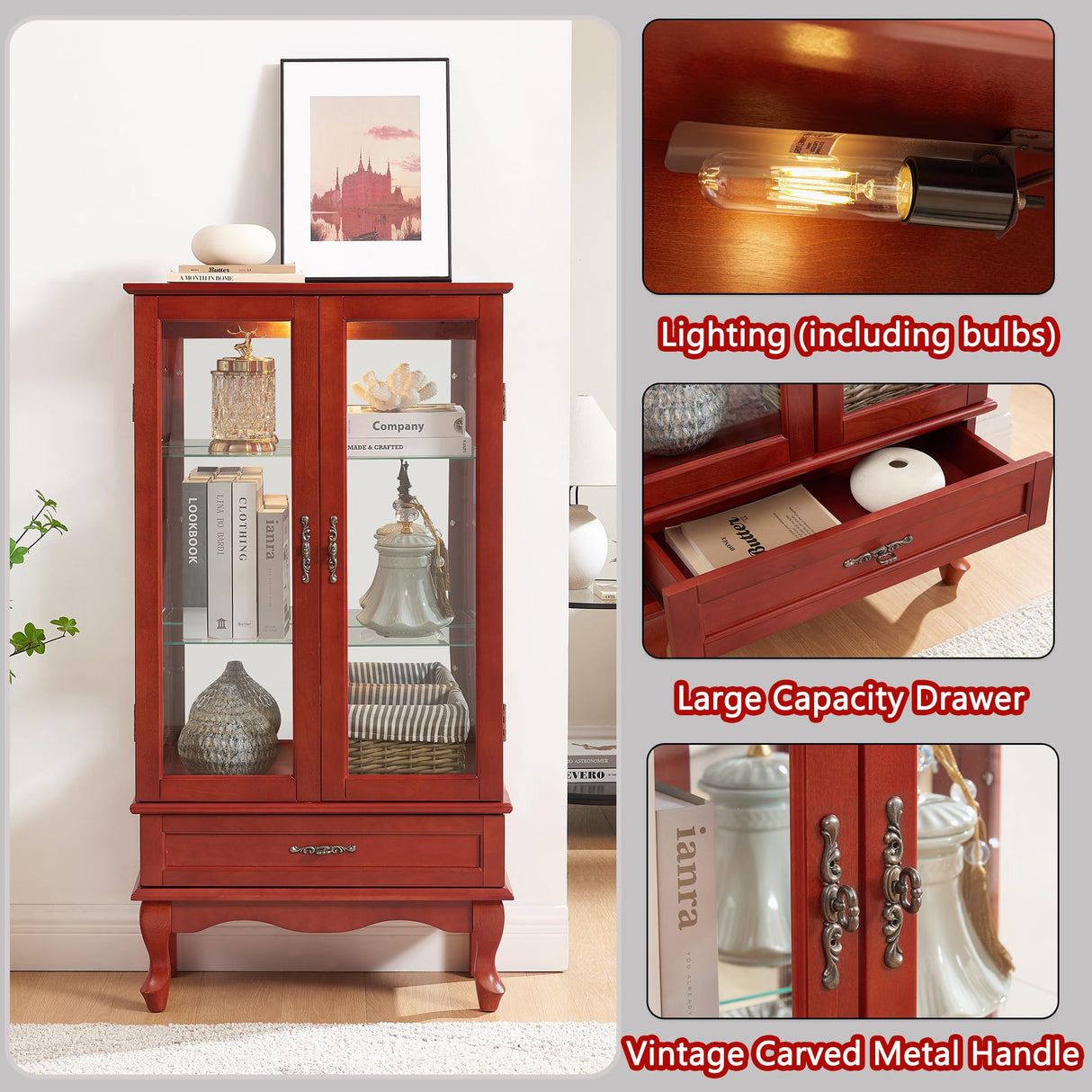 TRJQBCC 49" H Lighted Curio Display Cabinet with 2 Glass Doors & 1 Drawer, Wooden Curio Showcase w/Adjustable Shelves & Mirrored Back Panel, Wine Storage Cabinet Display Case for Living Room (Cherry) TRJQBCC