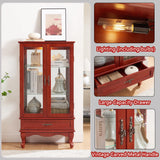 TRJQBCC 49" H Lighted Curio Display Cabinet with 2 Glass Doors & 1 Drawer, Wooden Curio Showcase w/Adjustable Shelves & Mirrored Back Panel, Wine Storage Cabinet Display Case for Living Room (Cherry) TRJQBCC