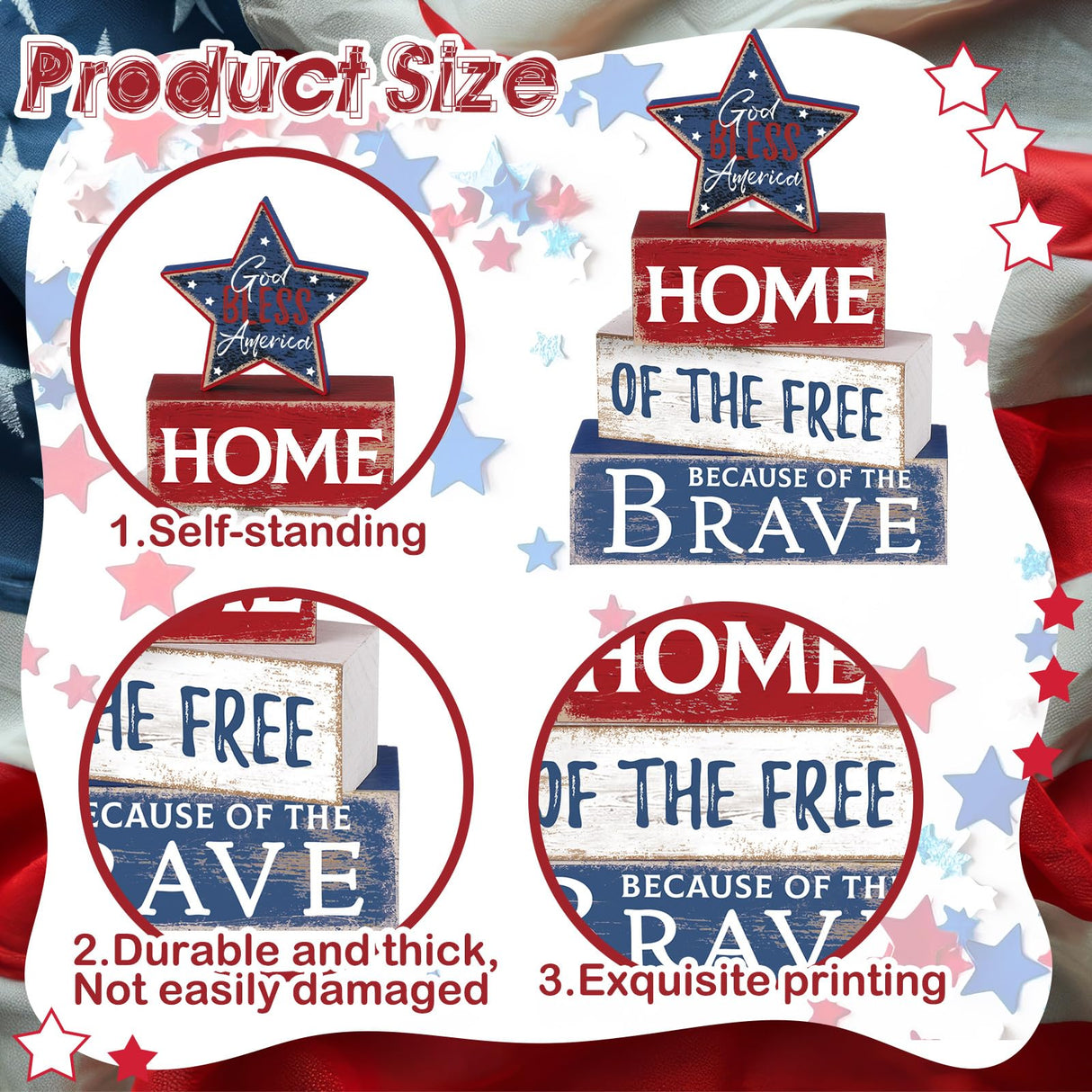 Huquary 4 Pcs Farmhouse 4th of July Patriotic Table Sign Independence Day Table Wood Decorations Patriotic Themed Rustic Farmhouse Wood Block Sign for Party Home Desk (Retro Star) Huquary