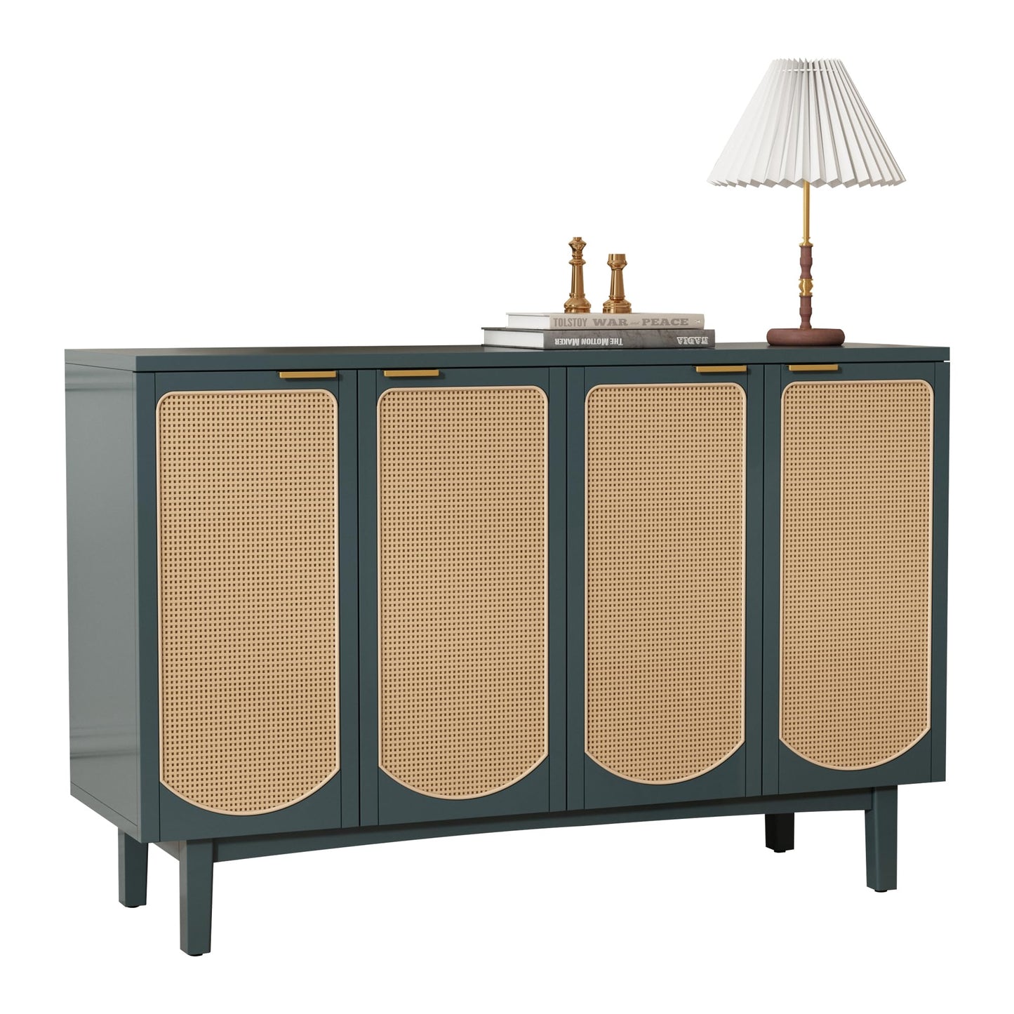 ARTPOWER Sideboard Buffet Cabinet with 4 Rattan Doors, Accent Storage Cabinet with Shelves, Free Standing TV Console Table, Modern Teal Cabinet for Kitchen, Dining Room, Living Room, Bedroom, Hallway