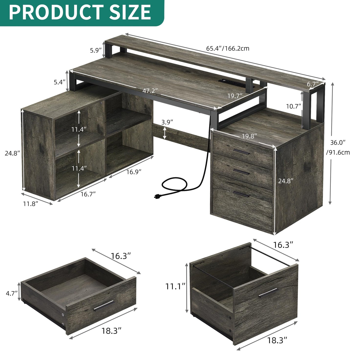 YITAHOME L Shaped Desk with 3 Drawers, 65" Corner Computer Desk with Power Outlets & LED Lights, L-Shaped Desk with File Cabinet & Printer Stand for Home Office, Grey