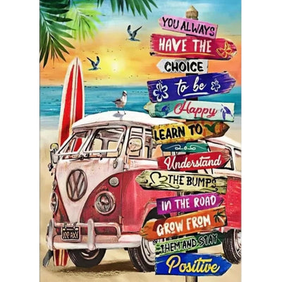 puonidwo Tropical Beach Diamond Art Kit for Adults, Motivational 5D Bus Diamond Painting Kit for Beginners, for Home Decor 12x16 Inch