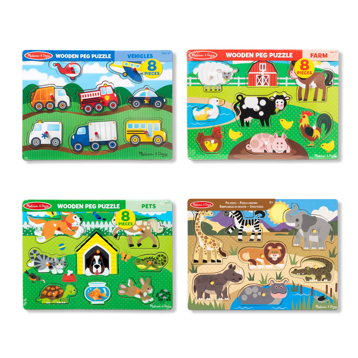 Melissa & Doug Wooden Peg Puzzle 4-Pack for Toddler and Preschool Boys and Girls – Vehicles, Farm, Safari, Pets Melissa & Doug