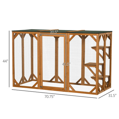 PawHut Outdoor Cat House, Catio Wooden Feral Cat Shelter, Cat Cage with Platforms, Large Enter Door, Weather Protection Asphalt Roof, 71" L, Orange - WoodArtSupply