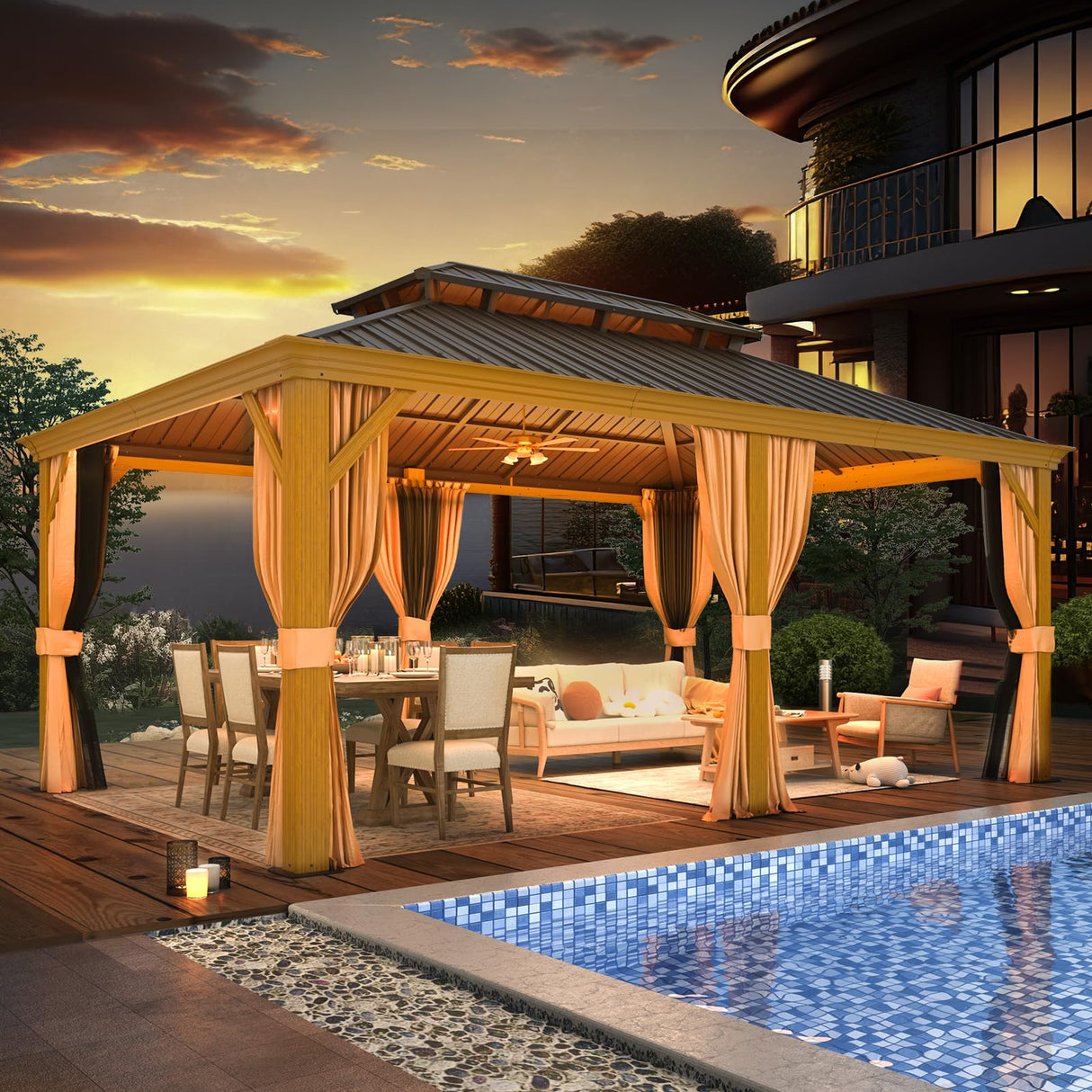 EROMMY 12' x 18' Gazebo, Wooden Finish Coated Aluminum Frame Canopy with Double Galvanized Steel Hardtop Roof, Outdoor Permanent Metal Pavilion with Curtains and Nettings for Patio, Backyard and Deck EROMMY