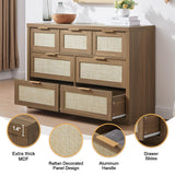 OAKHAM HOME 7 Drawers Dresser, Rattan Dresser TV Stand for Bedroom Closet, Wood Chests of Drawers with Metal Handle and Wide Drawers, 52.76" W x 17.71" D x 31.69" H OAKHAM HOME