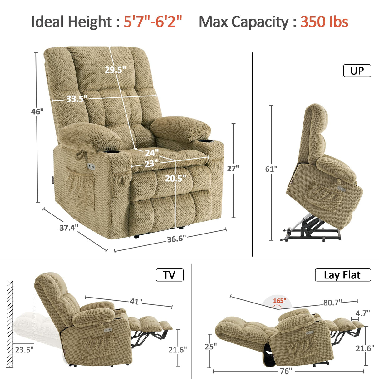 MCombo Dual Motor Large Power Lift Recliner Chair for Elderly, Lay Flat Lift Chair with Heat and Massage, Big Lift Recliner for Tall People, Cup Holders, Fabric 7896 (Beige, Large) MCombo
