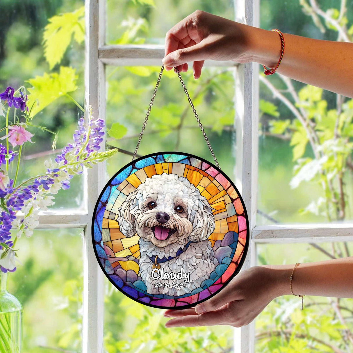 Custom Pet Portrait Stained Glass Suncatcher – Personalized Dog Memorial Ornament, Pet Loss Remembrance Gift, Window Hanging, Bereavement Keepsake, Home Decor Noni