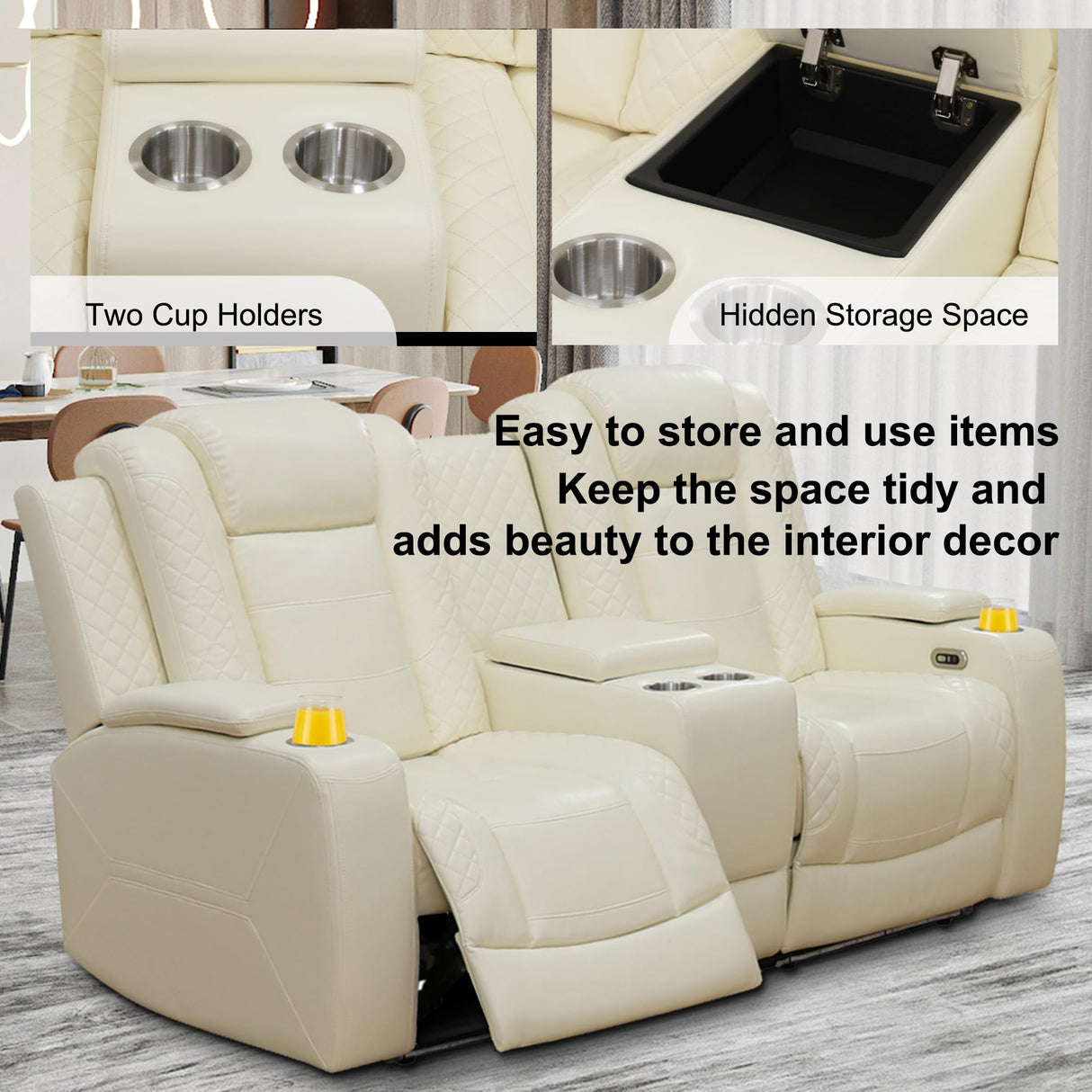 Plithzy Breathable Leather Power Recliner Sofa Set 3 Piece Living Room Furniture Electric Reclining Leather Couches with Cup Holders, LED Light, USB Port and Storage for Home Theater (Cream White) Plithzy