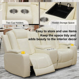 Plithzy Breathable Leather Power Recliner Sofa Set 3 Piece Living Room Furniture Electric Reclining Leather Couches with Cup Holders, LED Light, USB Port and Storage for Home Theater (Cream White) Plithzy