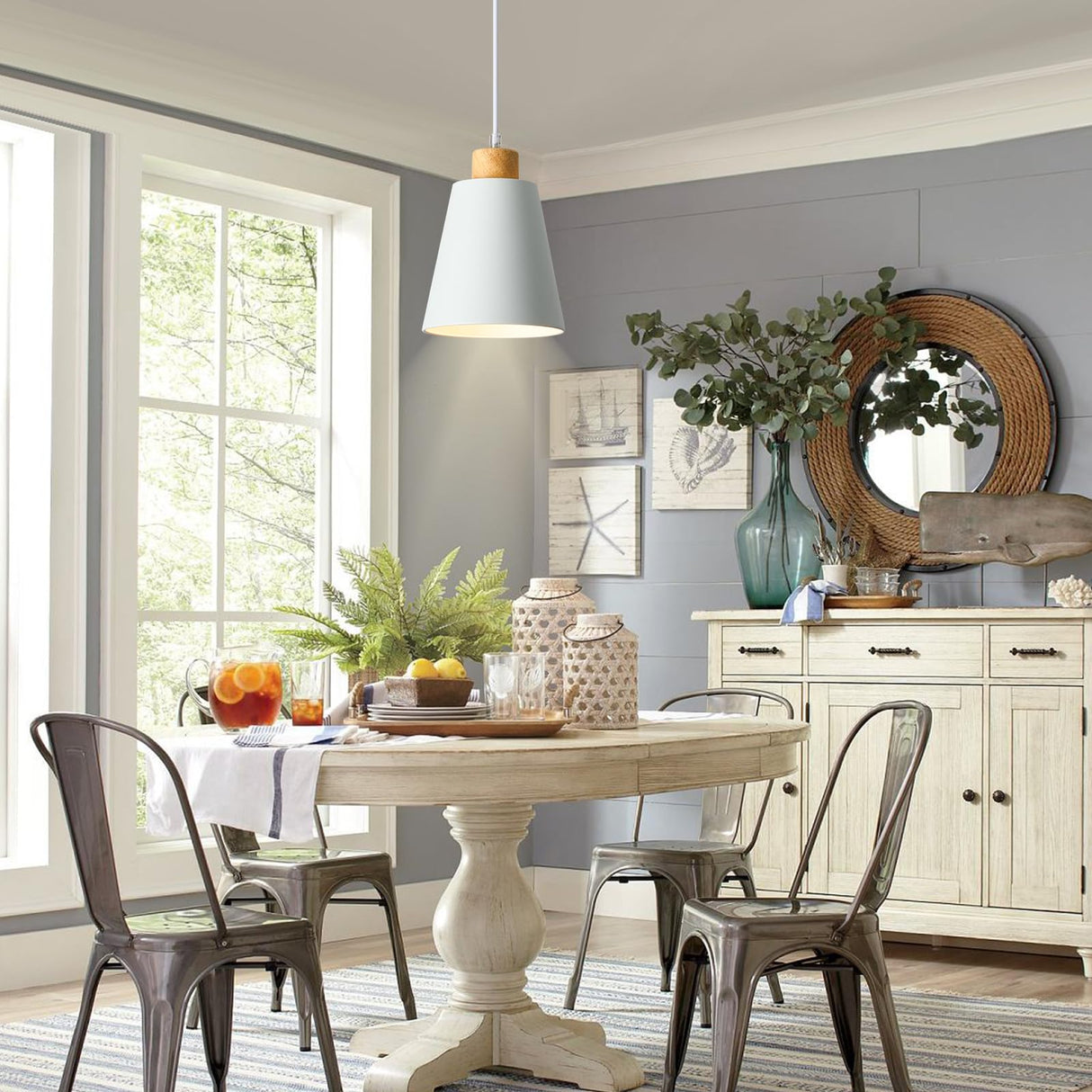 FISGONI White Pendant Light Kitchen Island Wood Pendant Lighting Mini Modern Hanging Light Small Pendant Light Fixture for Dining Room,Bar,Bedroom,Adjustable Cord,5.94 inch,1 PCS FISGONI