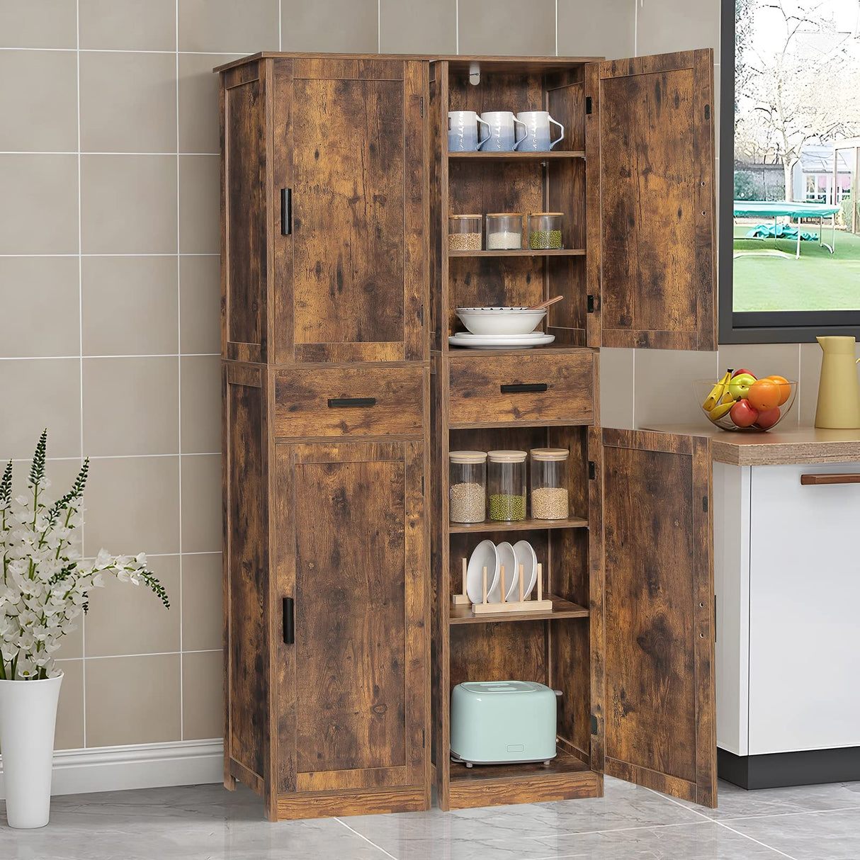 Usikey 67" Rustic Brown Tall Storage Cabinet with Adjustable Shelves & 2 Doors usikey