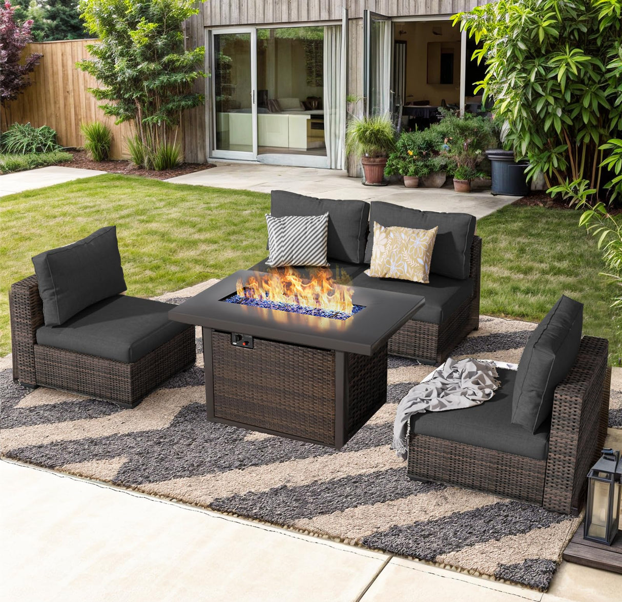 Outdoor Sectional Furniture, 5 Piece Patio Furniture Set with 42-inch Fire Wicker Propane Fire Pit Table - All Weather Wicker Rattan Sofa Conversation Set for Backyard Lawn Poolside Deck, Black Grezone