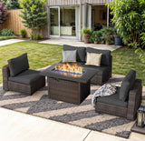 Outdoor Sectional Furniture, 5 Piece Patio Furniture Set with 42-inch Fire Wicker Propane Fire Pit Table - All Weather Wicker Rattan Sofa Conversation Set for Backyard Lawn Poolside Deck, Black Grezone