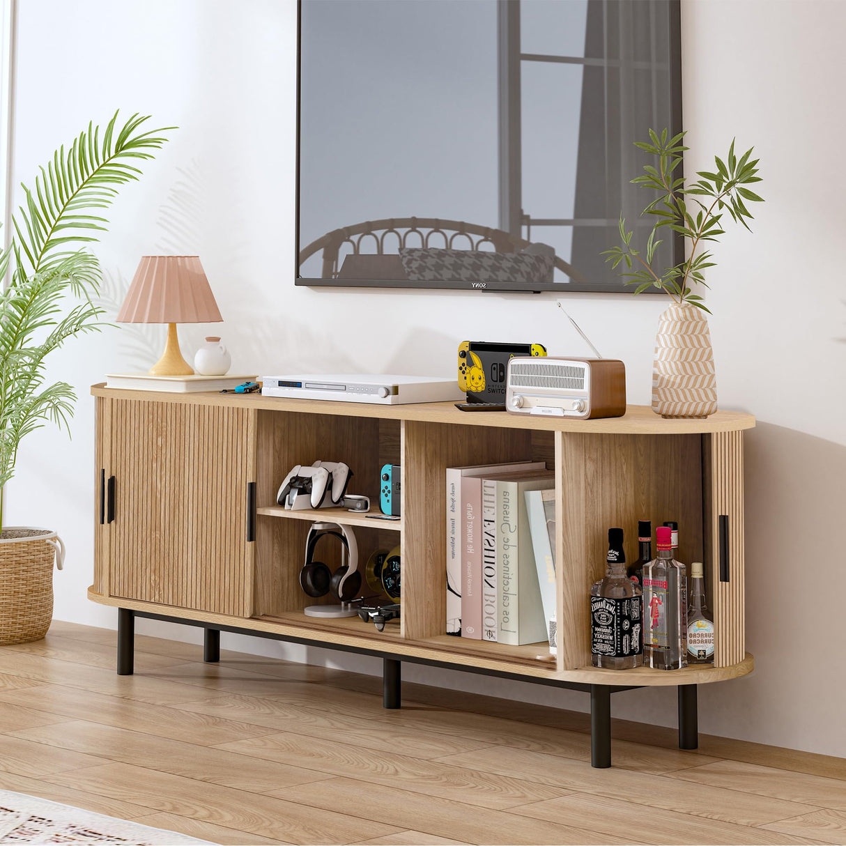 FurSch 62" Tambour Door TV Stand,Wood Mid Century Modern TV Cabinet for Up to 65“ TV,Curved Edge Long TV Stand with Storage for Bedroom Living Room (Natural, 62.2inch) FurSch