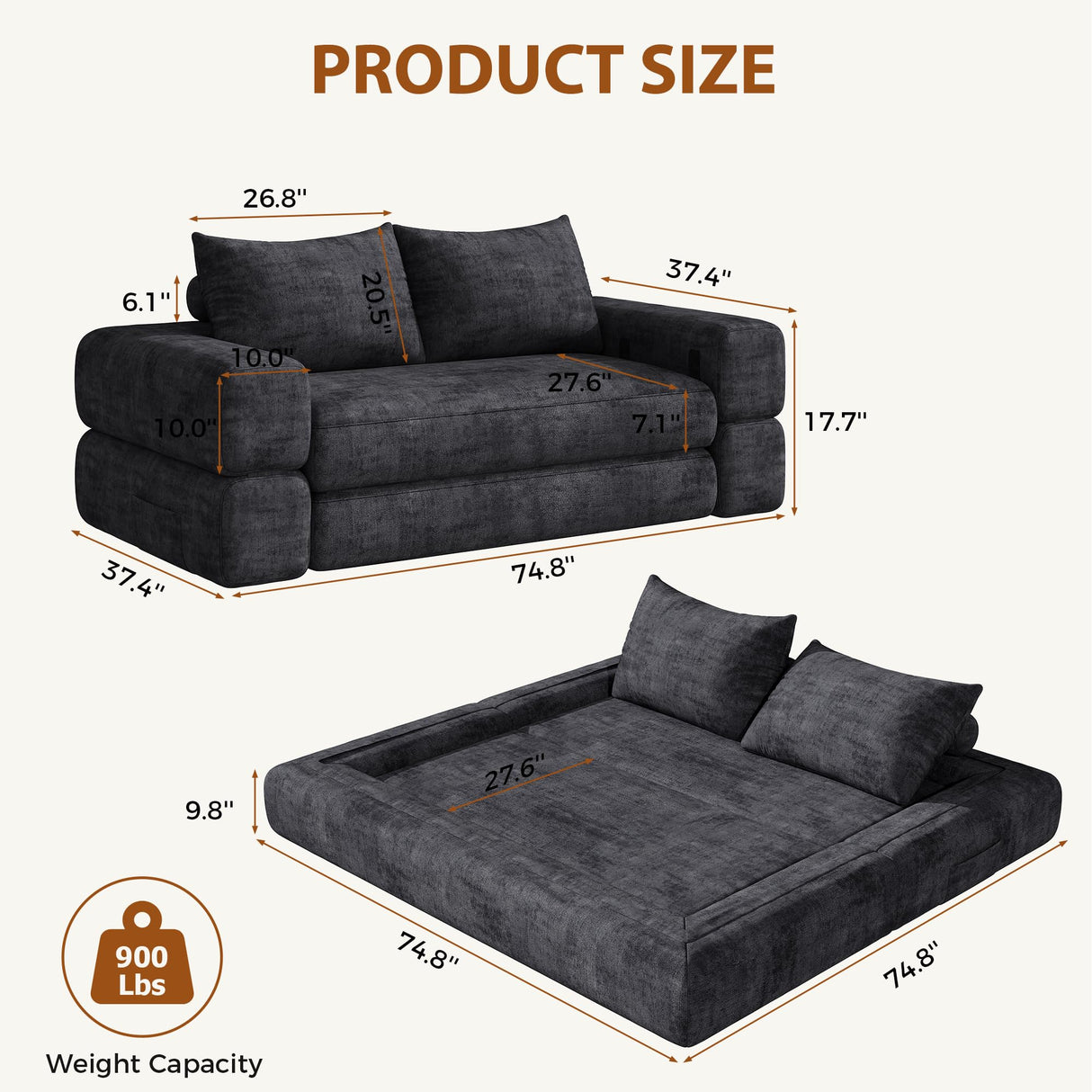 Jocoevol 75'' Queen Folding Convertible Sofa Bed with Large Pillow, 4-in-1 Floor Foldable Futon Sofa Bed, Chenille Boneless Mattress Couch, Floor Sleeper Sofa Chair Bed for Living Room/Bedroom, Black Jocoevol