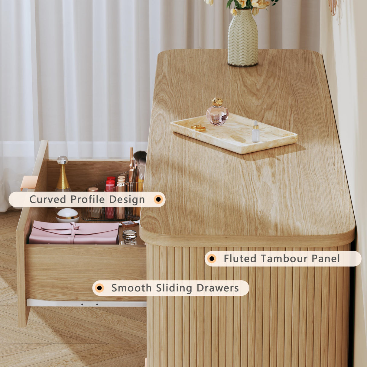 HUAHUU Fluted 6 Drawers Dresser for Bedroom, 55" Mid Century Modern Dresser & Chests of Drawers, Curved Profile Design, Dressers TV Stand, Wood Storage for Hallway, Entryway, Oak HUAHUU