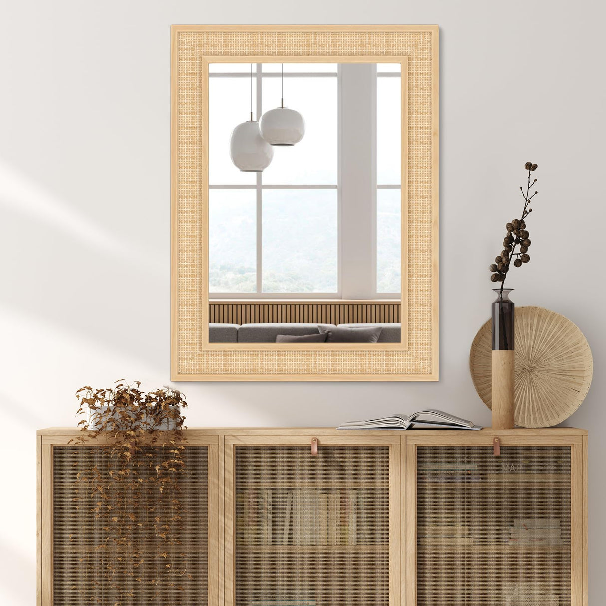 FUWU HOME Rattan Wall Mirror with Wooden Framed 24 X 32 inch Farmhouse Rectangle Wood Mirror for Modern Decorative Bathroom, Living Room, Entryway, Bedroom FUWU HOME
