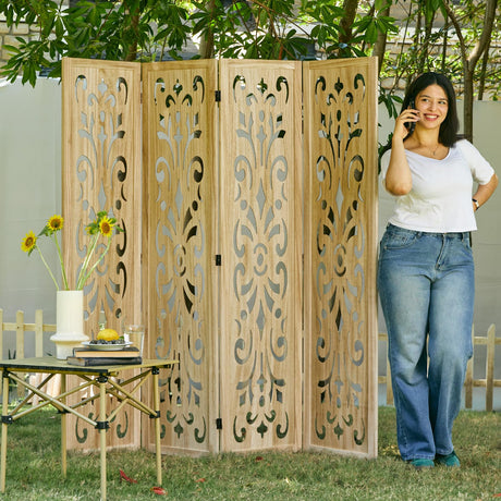 5.6Ft Room Divider Folding Wood Classical Carved Partition Screen for Home Office Garden - 4 Panels (Natural) Svimi
