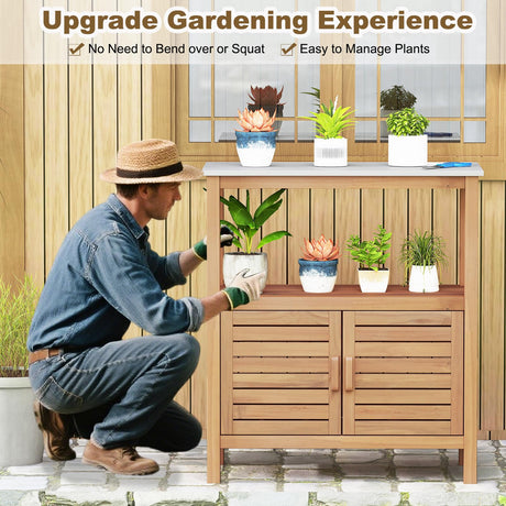 Giantex Outdoor Potting Bench, Acacia Wood Planting Workstation with 2-Door Storage Cabinet, Faux Marble Tabletop, Open Storage Shelves, Garden Potting Table for Horticulture Giantex
