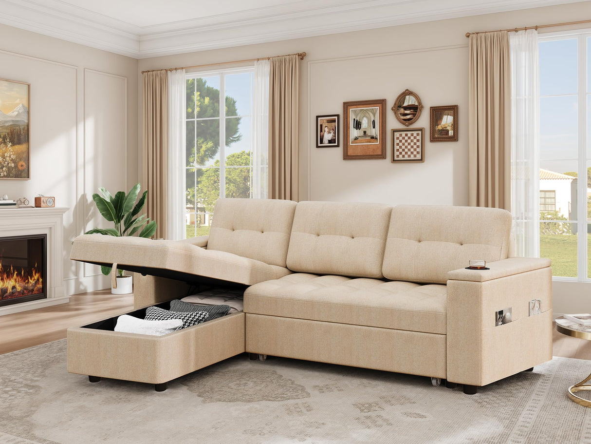 YITAHOME Sleeper Sofa, L-Shaped Sofa Couch w/Chaise & USB, 4-seat Fabric Convertible Couch Bed w/Pull Out Bed & Storage, Reversible Sectional Sofa for Living Room, Beige YITAHOME