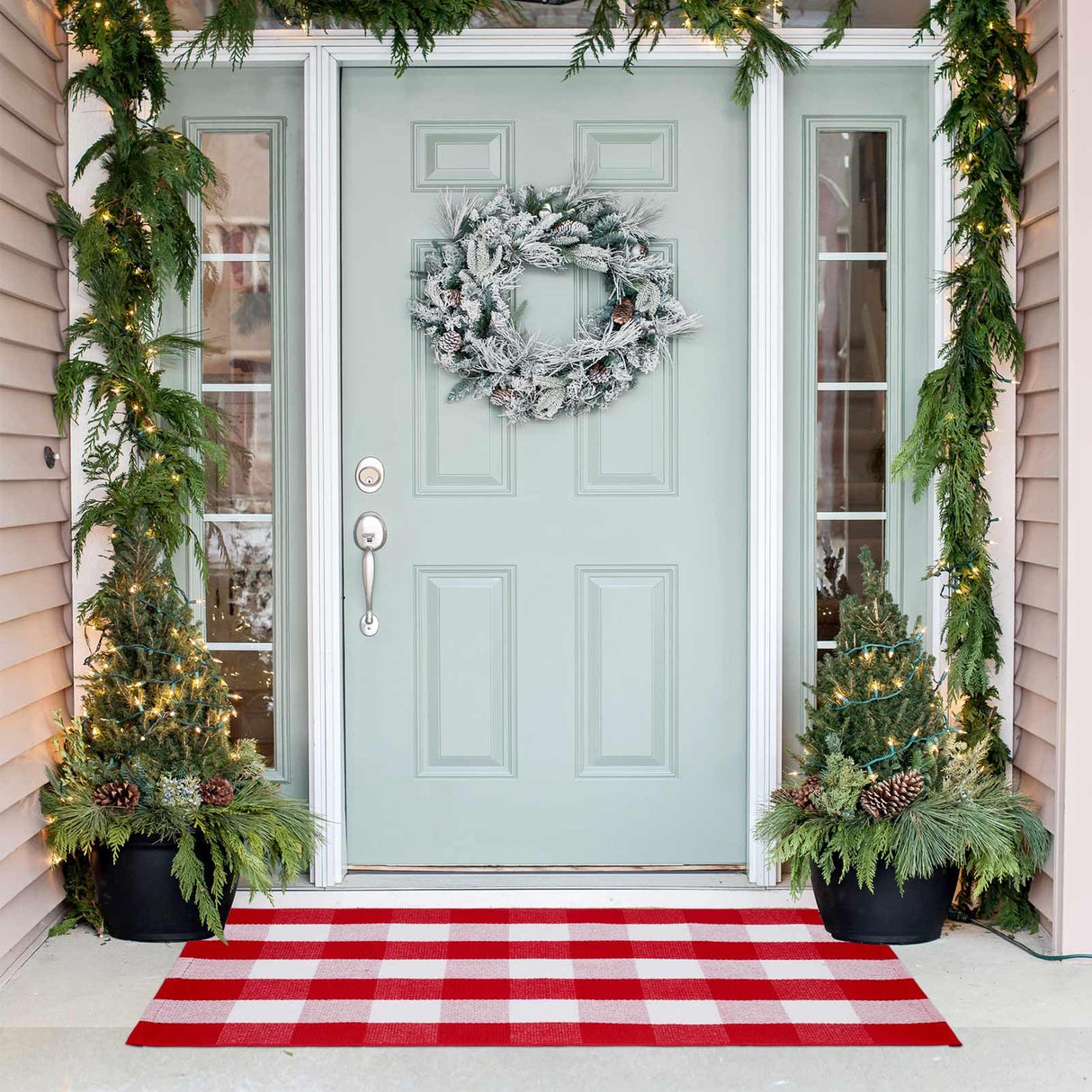 Christmas Red and White Plaid Rug 27.5 x 43 Inches, Hand-Woven Indoor/Outdoor Layered Cotton Blend Buffalo Plaid Rug, Washable Front Door Mat, Perfect for Porch, Living Room, Entryway PIXFAIRY