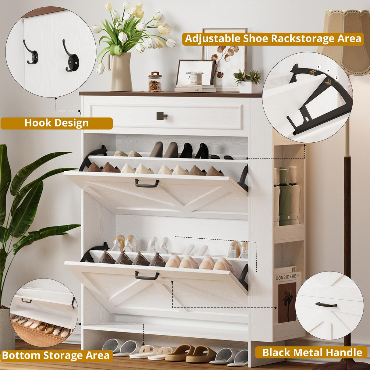 IRONCK Shoe Storage Cabinet with 2 Flip Drawers & Barn Door Design, Freestanding Shoe Cabinet Organizer with Drawer and Shelves for Entryway, Farmhouse Shoe Rack Cabinet, White/Walnut IRONCK