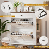 IRONCK Shoe Storage Cabinet with 2 Flip Drawers & Barn Door Design, Freestanding Shoe Cabinet Organizer with Drawer and Shelves for Entryway, Farmhouse Shoe Rack Cabinet, White/Walnut IRONCK