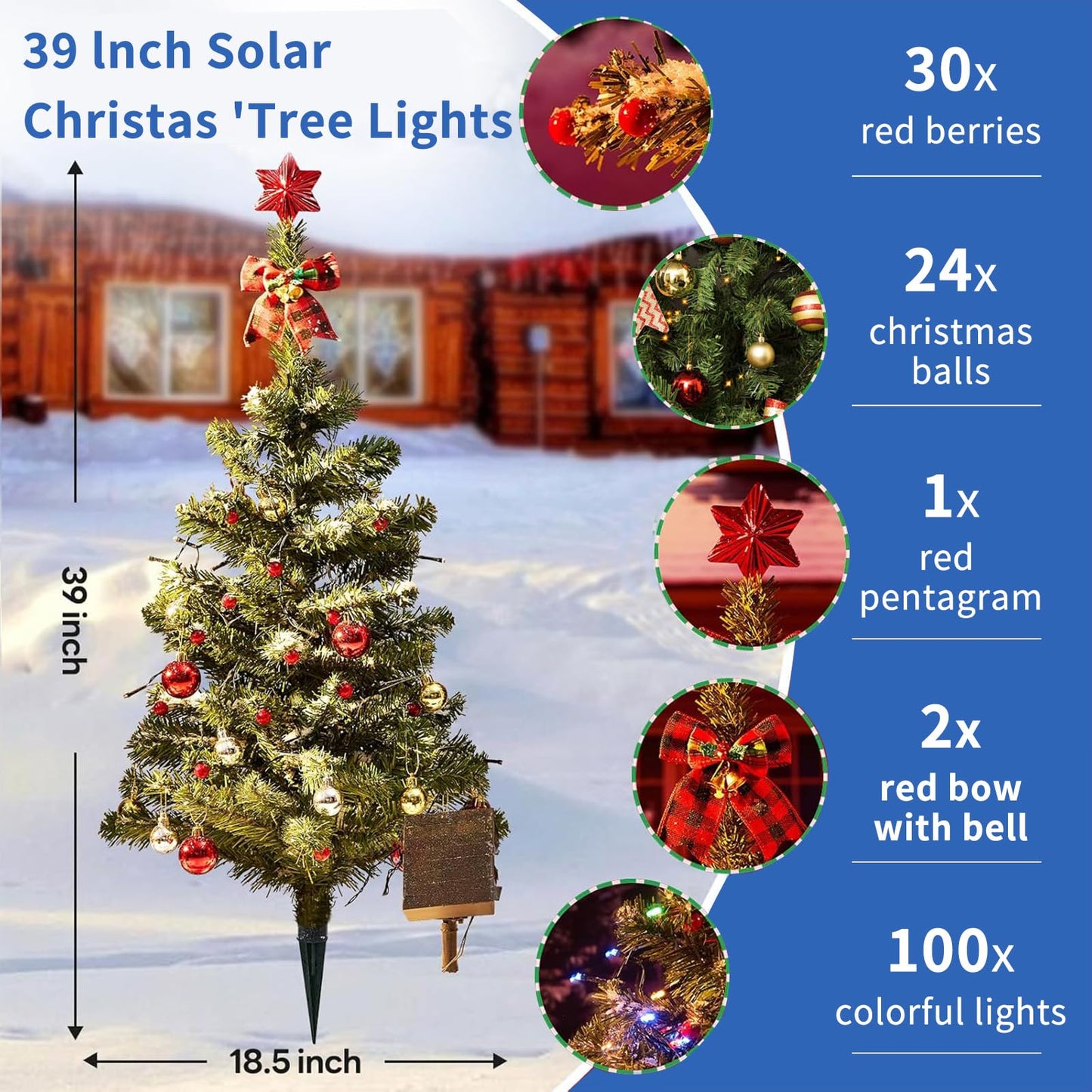 Solar Christmas Tree Lights Outdoor Decoration, 39 Inch Solar Powered Tree Lights with 100 LEDs, 8 Flashing Patterns with Ornaments for Outdoor Paths, Gardens, Yard Christmas Decorations 1PCS