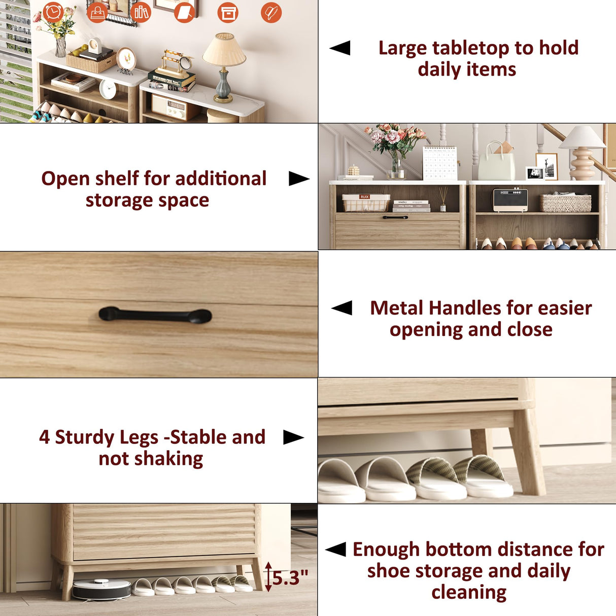 HOMEFORT Shoe Storage Cabinet for Entryway, 31.5" Fluted Shoe Cabinet with 2 Flip Drawers, Mid-Century Modern Hidden Shoe Rack Organizer, Slim Shoe Cabinet for Front Door Entrance, Natural Oak HOMEFORT