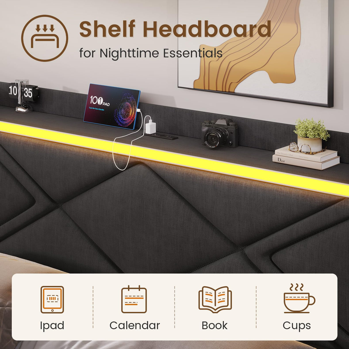 Full Bed Frame with RGB LED Lights Headboard & USB-C/A Charging Station, Modern Upholstered Platform Bed with Storage Drawers, Heavy Duty Steel Slats, No Box Spring Needed, Dark Gray BTHFST