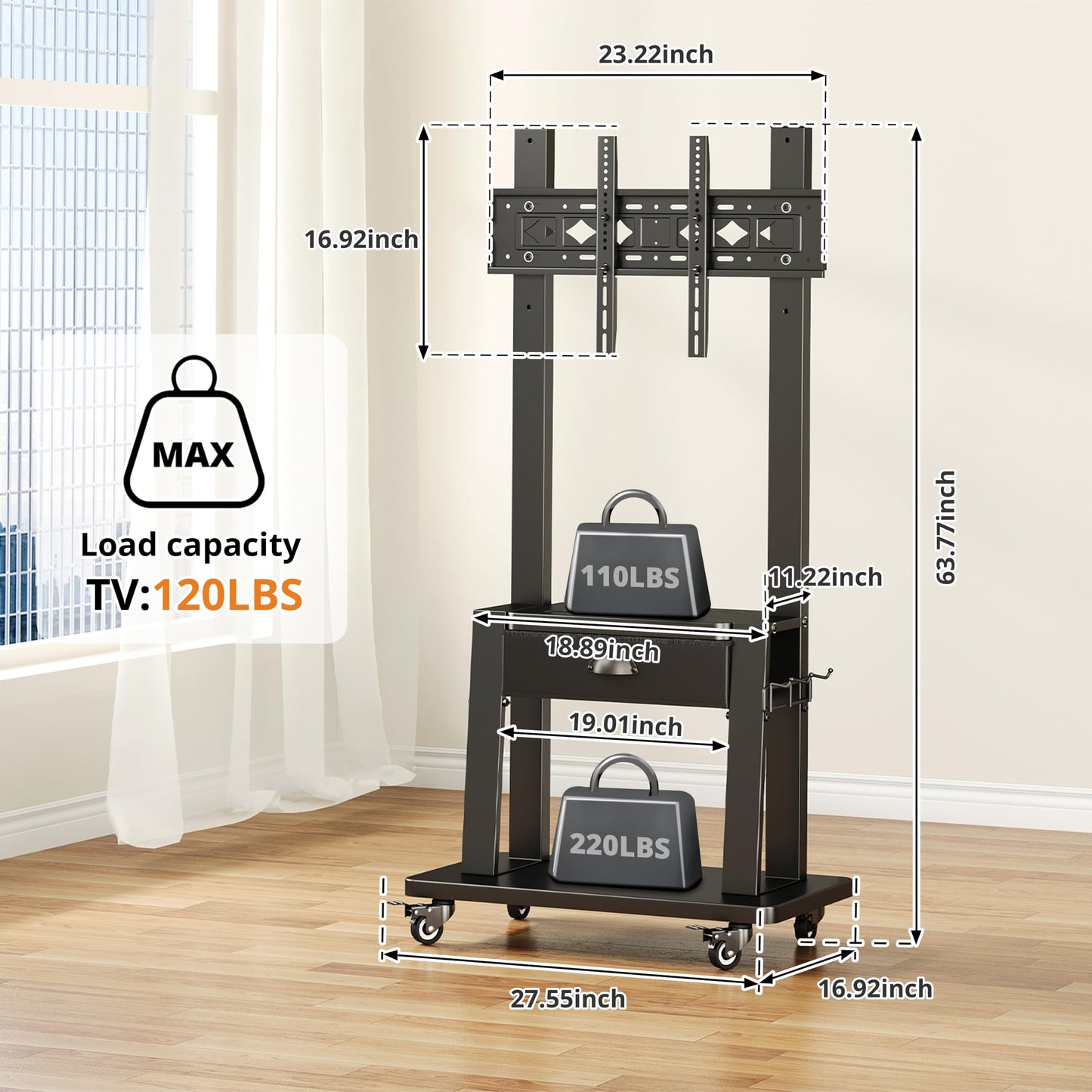 Mobile TV Cart with Drawer,for 23-75 inch Flat/Curved Screen Up to 120lbs,Adjustable Height Rolling TVs Floor Stand with 2 Tiers Shelves,Locking Wheel,for Indoor Outdoor,Max VESA 600x400mm,Black