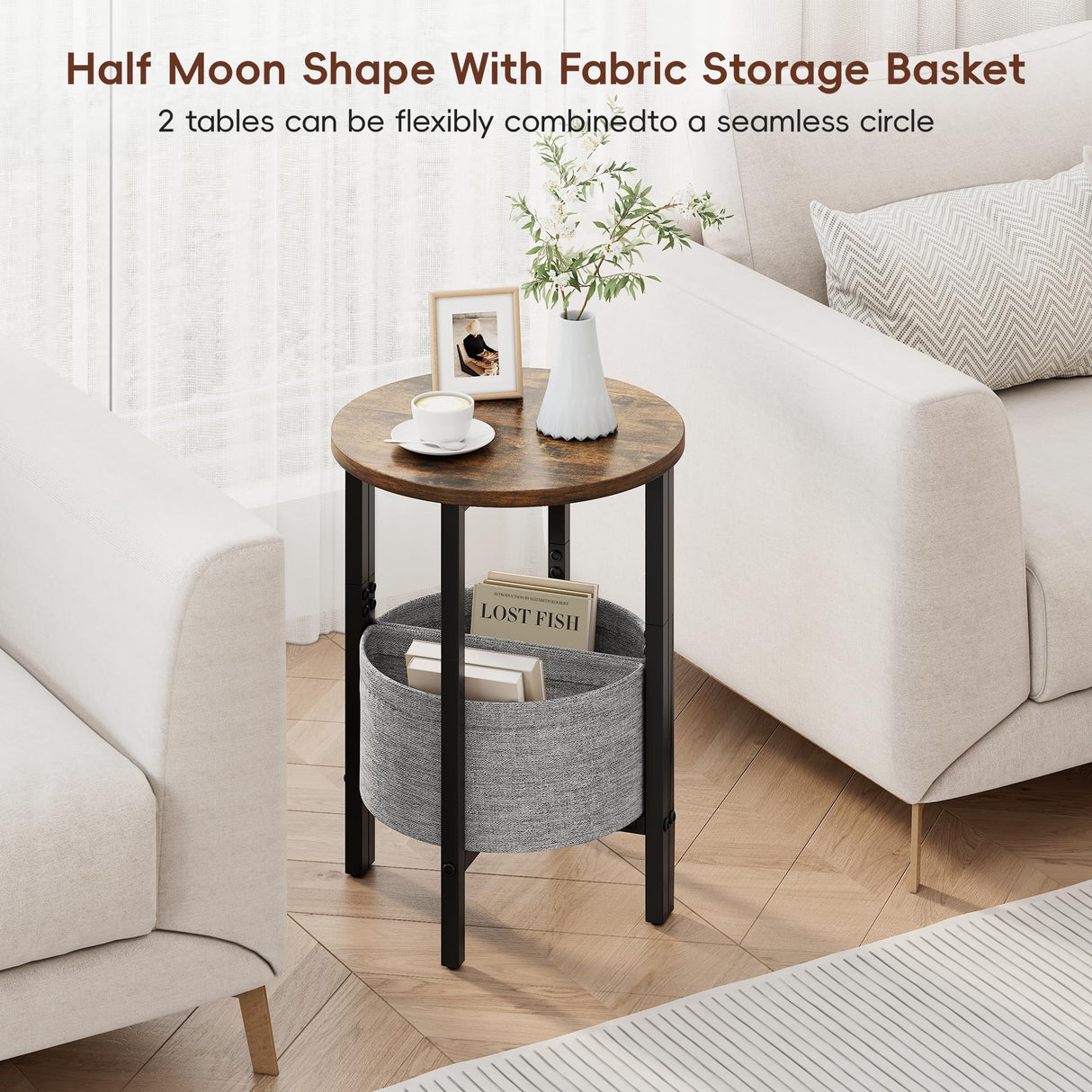 Vagusicc Small Round Side Table, Accent End Table with Storage Basket, Set of 2 Half Round Coffee Table End Table, Half Moon Bedside Table, Modern Nightstand Couch Table for Living Room Bedroom, Brown Vagusicc