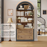 FINETONES 70" Tall Arched Cabinet, 6-Tier Arch Bookcase with Drawers, Farmhouse Bookshelf with Doors and Shelves, Large Display Book Shelf Storage Cabinet for Living Room, Office, Black/Brown FINETONES