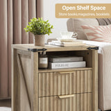 BuildHom Brown Fluted Night Stand with Charging Station, 2 Drawers Nightstand w/Open Shelves, Wood Curved Profile Design End Table, Modern Bedside Table for Bedroom, Sunwashed Ash Oak BuildHom