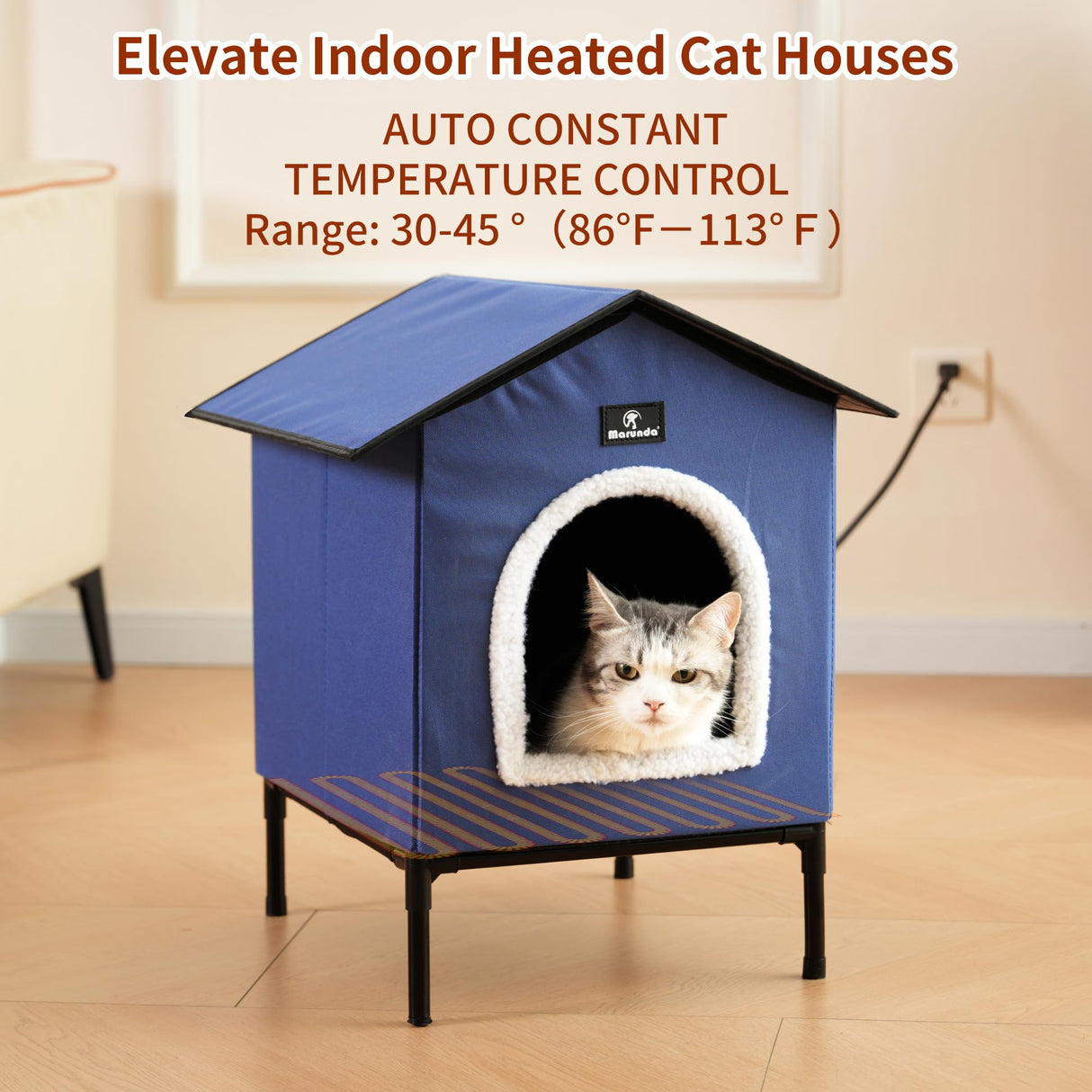 MARUNDA Heated Cat Houses for Outdoor Cats in Winter, Heated cat House for Indoor and Kitty Shelter for Your Pet to Stay Warm and Cozy,Easy to Assemble. (Dark Blue, Small) MARUNDA