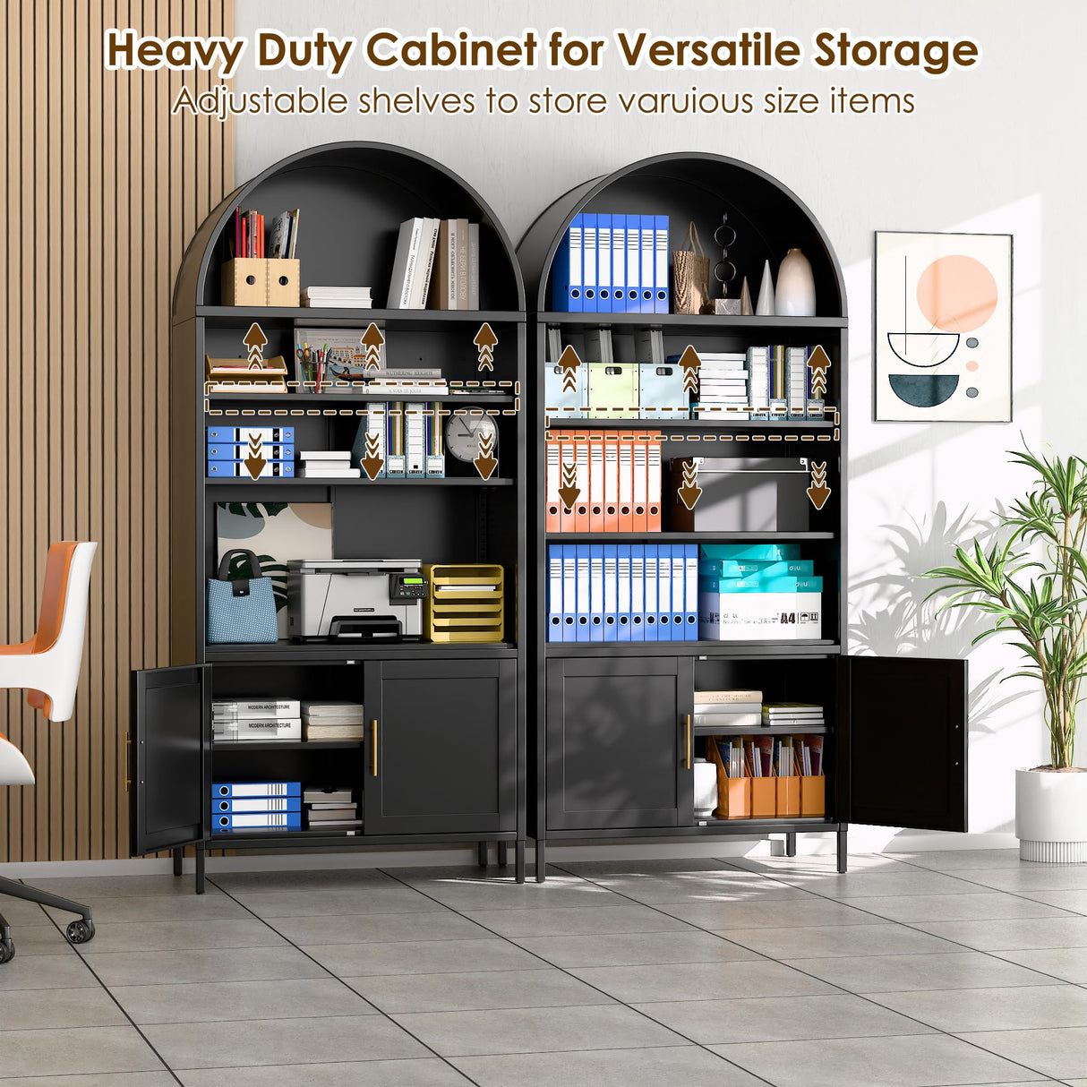 VEXPOR 79 in Tall Metal Arched Bookcase, 6-Tier Arched Bookcase with Doors, Modern Farmhouse Bookshelf with 3 Adjustable Shelves, Pantry Display Cabinet for Living Room, Black, Assembly Required VEXPOR