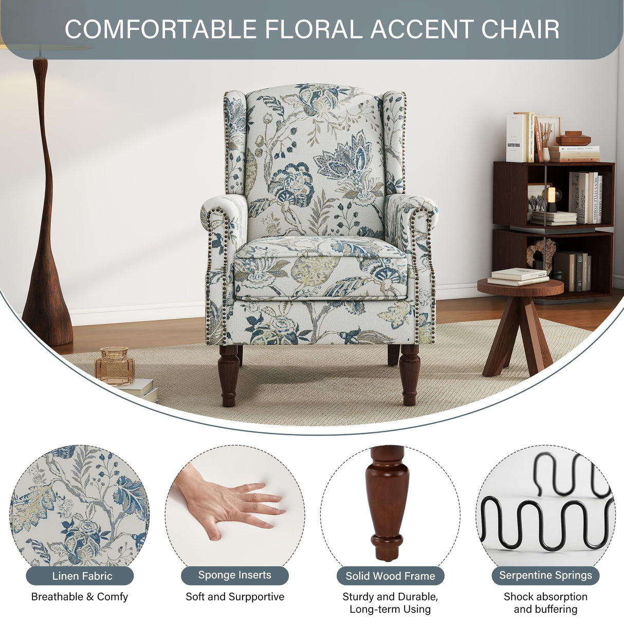 UIXE High Back Floral Accent Chairs Set of 2, Upholstered Armchair in Fabric, Retro Printed Wingback Arm Chair for Living Room, Nailhead Trim Single Sofa Bedroom Reading Seat - Plants Blue UIXE