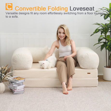 COMAX Folding Sofa Bed Queen, 4-in-1 Foldable Floor Couch Convertible Futon Sofa with Armrests Sleeper Mattress Chair Bed Comfy Portable Fold Out Lounge Guest for Living Room Bedroom, Beige COMAX