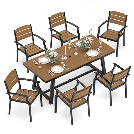 Cozyman Patio Table and Chairs Set, Patio Furniture Set, 7-Piece, HDPS All-Weather Material Outdoor Dining Set, Outdoor Furniture Set with Umbrella Hole, Brown-Oil Printed Cozyman