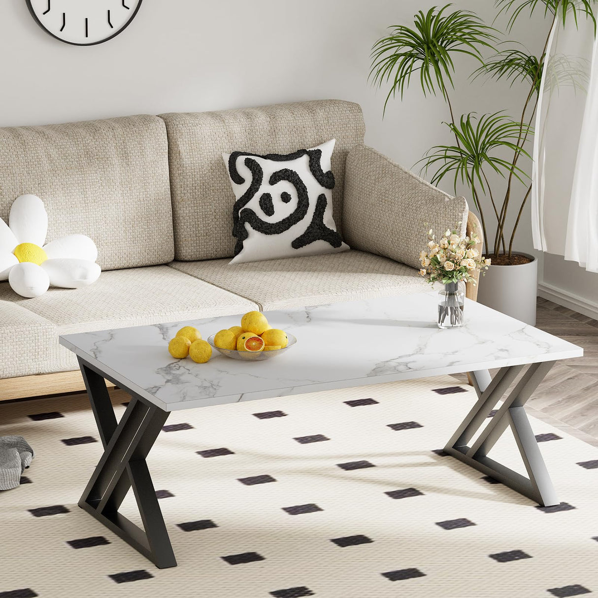Wolawu Coffee Table White Living Room Center Table, Simple Modern Faux Marble Rectangular Tea Table with Sturdy Black Metal Frame,Industrial Wooden Coffee Table for Bedroom Home Office Wolawu