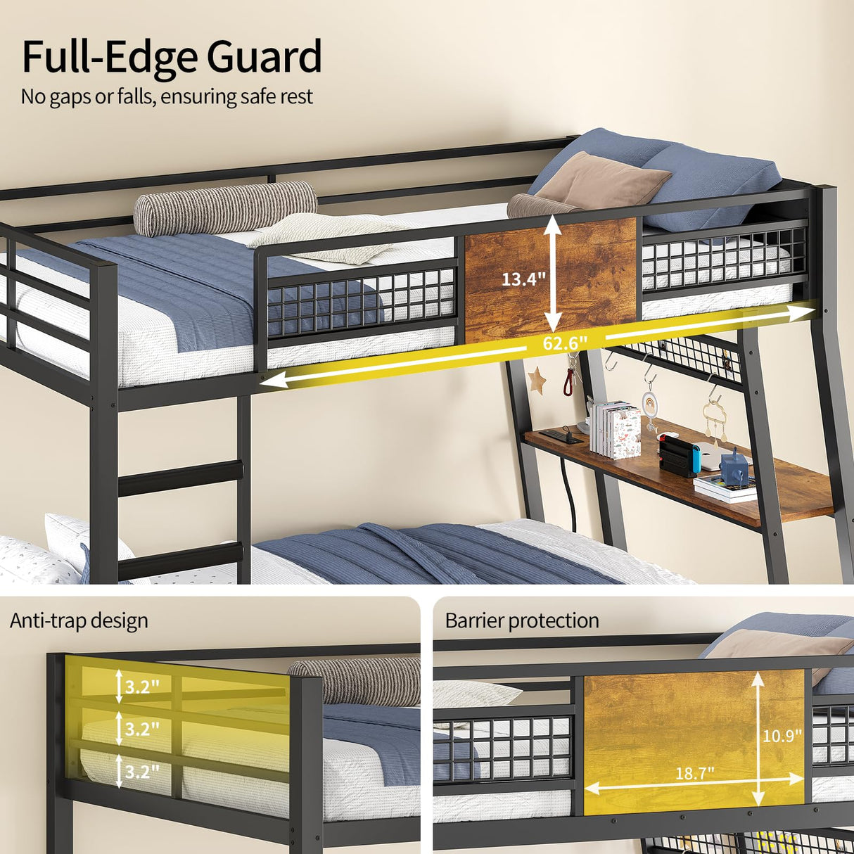 HAUOMS Bunk Bed with Desk, Twin Over Twin Metal Bunk Beds with Power Outlets, RGB LED Lights, 2 Larger Storage Drawers, Bed with Safety Guardrail & Ladders, No Box Spring Needed, Rustic Brown HAUOMS