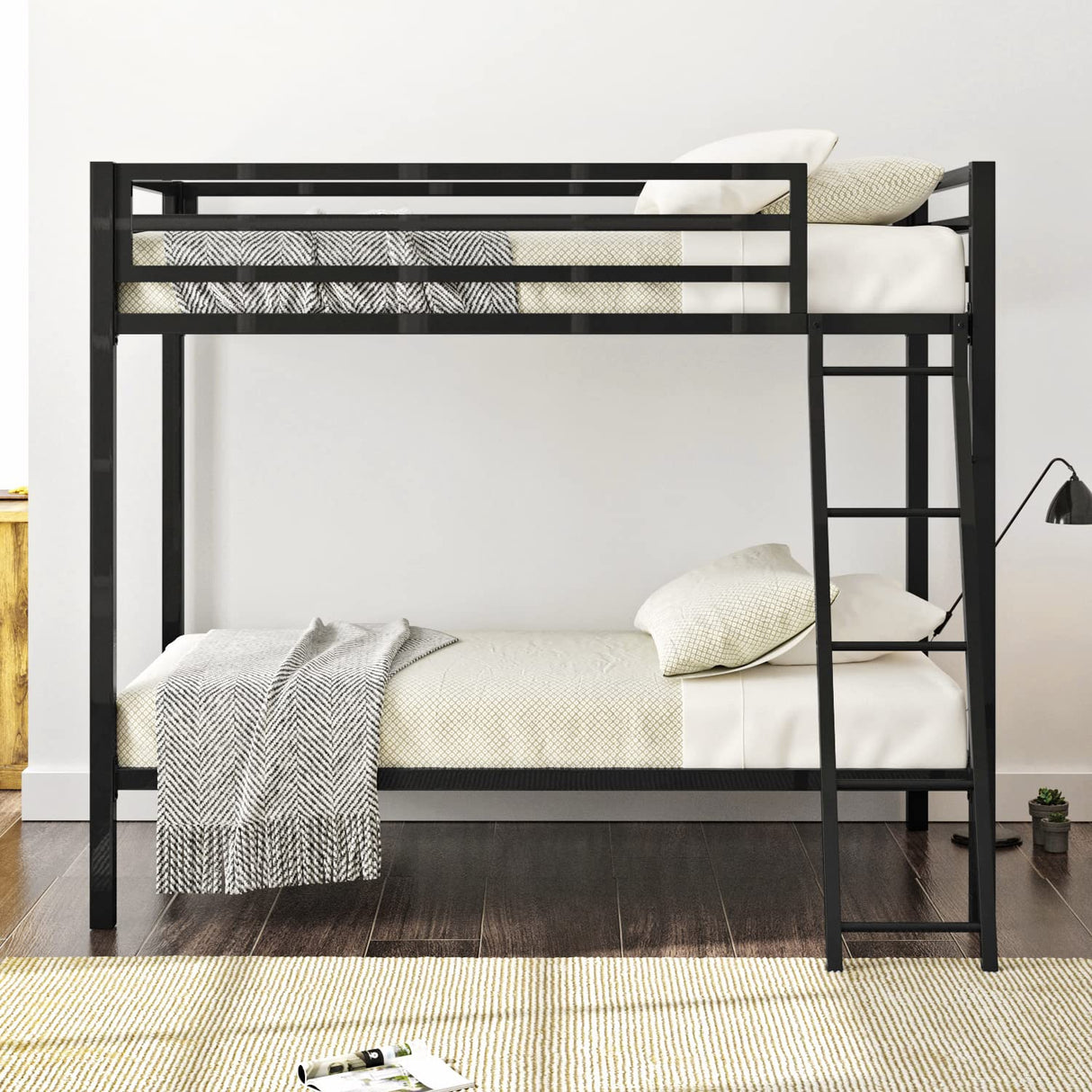 Allewie Metal Bunk Bed Twin Over Twin Size for Junior & Adults with Ladder and Heavy Duty Guardrail, Small Space Saving Design for Bedroom Kid Room and Dorm, Black Allewie