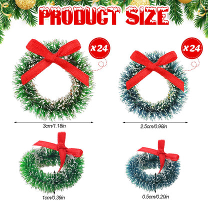 Dingion 48 Pieces Mini Christmas Wreaths with Bows Include 1 Inch Blue Green 1.2 Inch Grass Green for Christmas Tree Decoration (Simple Style)