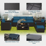 YLGJ&TIDY 7-Piece Outdoor Sectional Patio Furniture Set, All-Weather Wicker Rattan Sofa w/Thick Washable Cushions & Tempered Glass Table, Perfect for Garden, Poolside, Backyard (Darkbrown&Lake Blue) YLGJ&TIDY