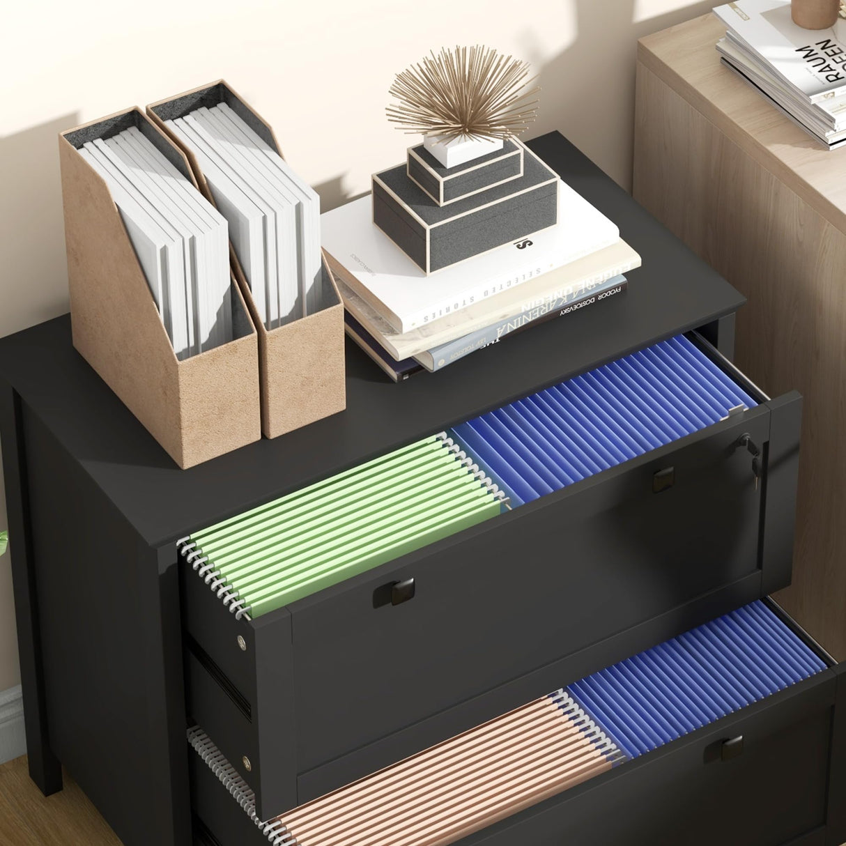 HOMCOM 2 Drawer File Cabinet with Lock, Lateral Filing Cabinet with Keys and Adjustable Hanging Bar for Letter, A4 and Legal Size, File Cabinet for Home Office, Black HOMCOM