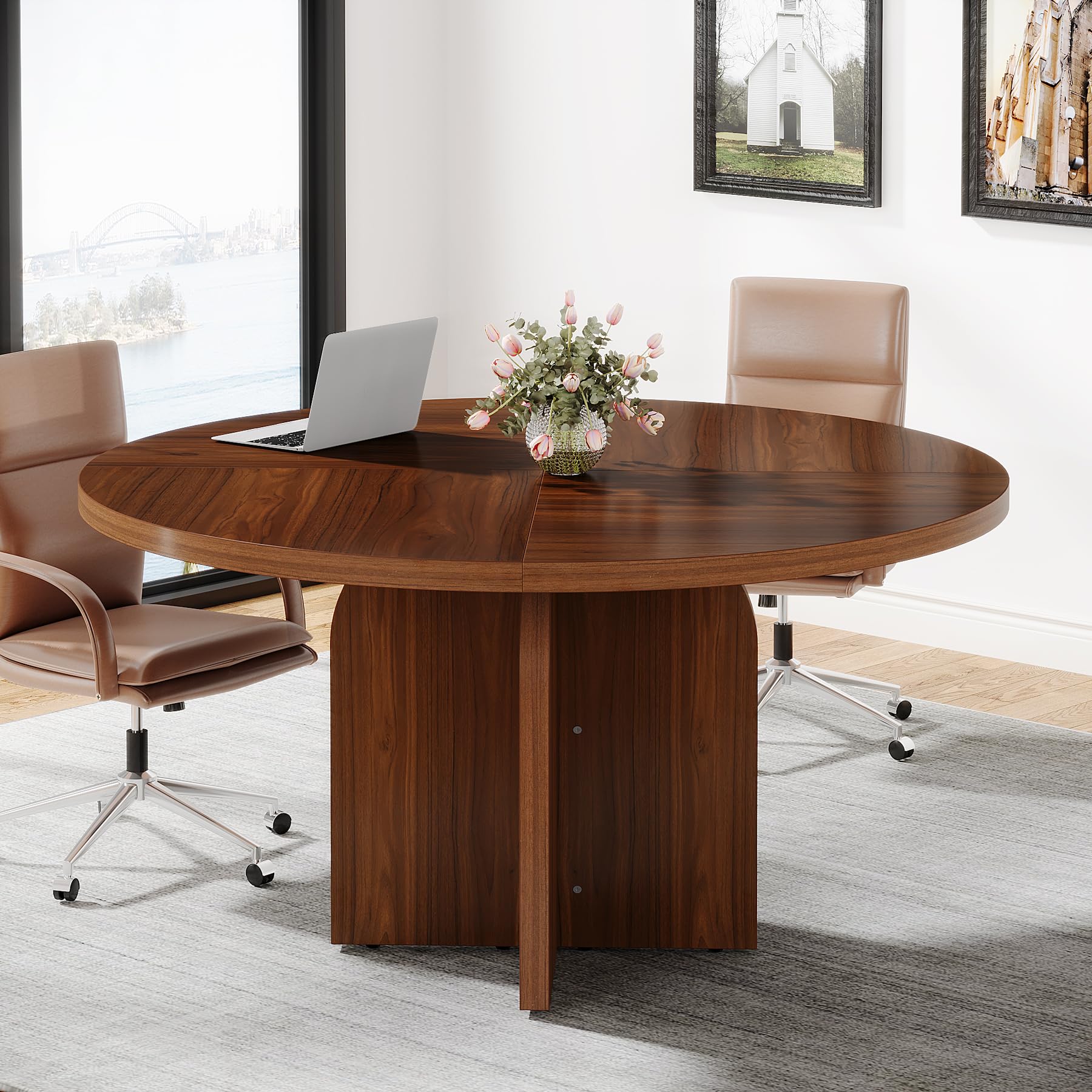 Tribesigns Round Conference Table, 47.24 L x 47.24 W x 29.52 H Inches Small Meeting Table for 4 People, Rustic Wooden Meeting Seminar Table with X-Shaped Base for Office Conference Room - WoodArtSupply