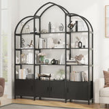 Nosepen Triple Wide 5 Tier Tall Arched Bookshelf and Bookcase with 3 Cabinets, Industrial Metal Etagere Open Bookshelf, Wood Standing Book Shelf with Black Metal Frame for Bedroom Living Room Nosepen