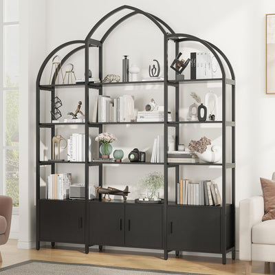 Nosepen Triple Wide 5 Tier Tall Arched Bookshelf and Bookcase with 3 Cabinets, Industrial Metal Etagere Open Bookshelf, Wood Standing Book Shelf with Black Metal Frame for Bedroom Living Room