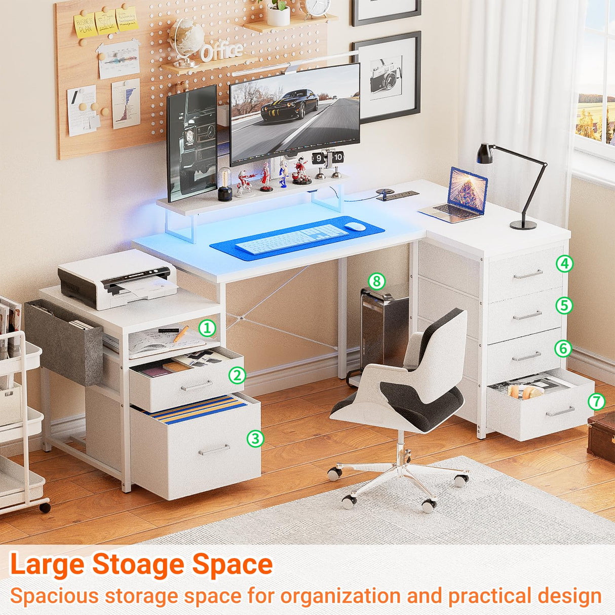 Unikito 70.8" Reversible L Shaped Computer Desk with Fabric File Drawers, Corner Desk with RGB LED Light & Power Outlets & Monitor Stand, Large Gaming Desk for Home Office Workstation, White Unikito